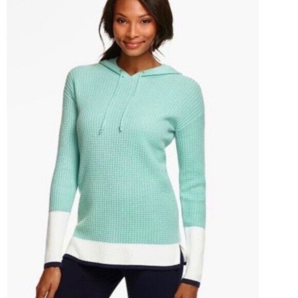 Talbots Womens Hoodie Sweater XL Blue Lambswool Wool Waffle Knit Tipped Pullover